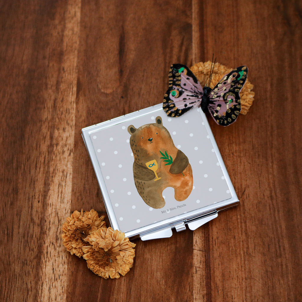 Handtaschenspiegel quadratisch Konfirmation-Bär Spiegel, Handtasche, Quadrat, silber, schminken, Schminkspiegel, Bär, Teddy, Teddybär, Konfirmation, Kirche, evangelisch, Gottesdienst