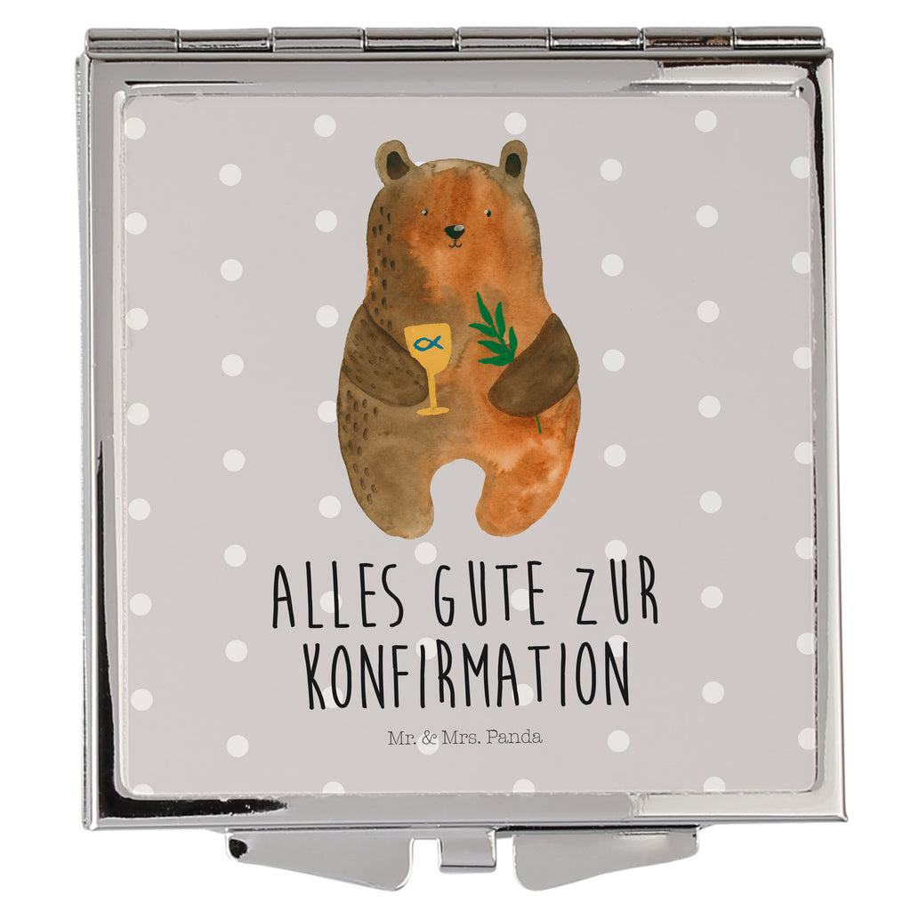 Handtaschenspiegel quadratisch Konfirmation-Bär Spiegel, Handtasche, Quadrat, silber, schminken, Schminkspiegel, Bär, Teddy, Teddybär, Konfirmation, Kirche, evangelisch, Gottesdienst