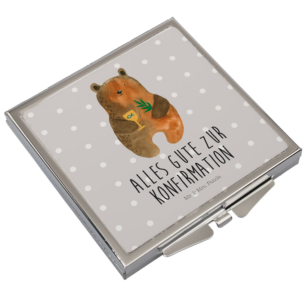 Handtaschenspiegel quadratisch Konfirmation-Bär Spiegel, Handtasche, Quadrat, silber, schminken, Schminkspiegel, Bär, Teddy, Teddybär, Konfirmation, Kirche, evangelisch, Gottesdienst