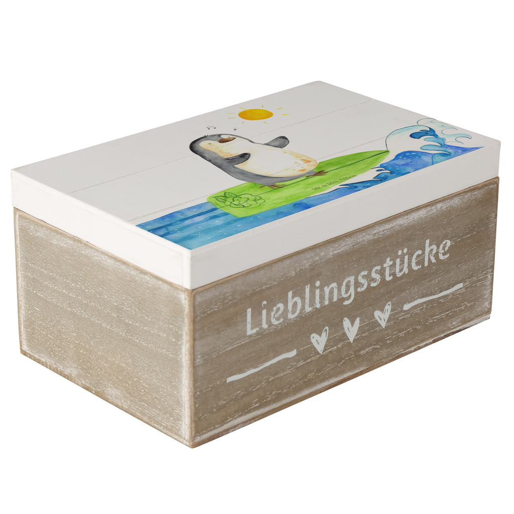 Holzkiste Pinguin Surfer Holzkiste, Kiste, Schatzkiste, Truhe, Schatulle, XXL, Erinnerungsbox, Erinnerungskiste, Dekokiste, Aufbewahrungsbox, Pinguin, Pinguine, surfen, Surfer, Hawaii, Urlaub, Wellen, Wellen reiten, Portugal