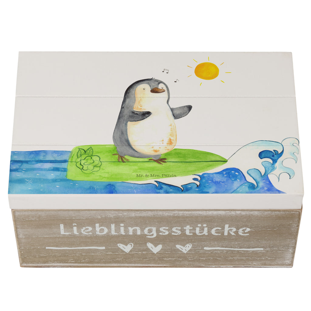 Holzkiste Pinguin Surfer Holzkiste, Kiste, Schatzkiste, Truhe, Schatulle, XXL, Erinnerungsbox, Erinnerungskiste, Dekokiste, Aufbewahrungsbox, Pinguin, Pinguine, surfen, Surfer, Hawaii, Urlaub, Wellen, Wellen reiten, Portugal