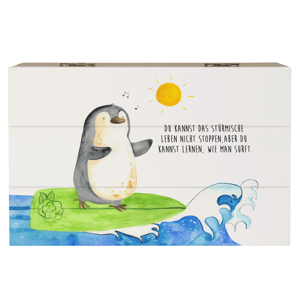 Holzkiste Pinguin Surfer Holzkiste, Kiste, Schatzkiste, Truhe, Schatulle, XXL, Erinnerungsbox, Erinnerungskiste, Dekokiste, Aufbewahrungsbox, Pinguin, Pinguine, surfen, Surfer, Hawaii, Urlaub, Wellen, Wellen reiten, Portugal