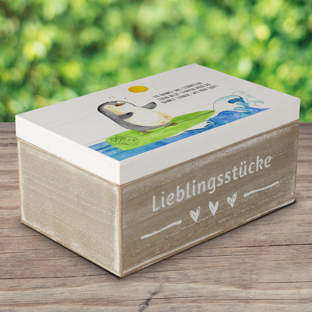 Holzkiste Pinguin Surfer Holzkiste, Kiste, Schatzkiste, Truhe, Schatulle, XXL, Erinnerungsbox, Erinnerungskiste, Dekokiste, Aufbewahrungsbox, Pinguin, Pinguine, surfen, Surfer, Hawaii, Urlaub, Wellen, Wellen reiten, Portugal