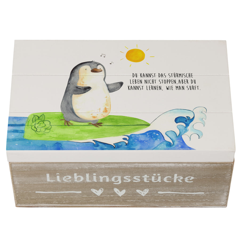 Holzkiste Pinguin Surfer Holzkiste, Kiste, Schatzkiste, Truhe, Schatulle, XXL, Erinnerungsbox, Erinnerungskiste, Dekokiste, Aufbewahrungsbox, Pinguin, Pinguine, surfen, Surfer, Hawaii, Urlaub, Wellen, Wellen reiten, Portugal