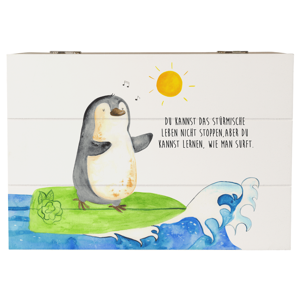 Holzkiste Pinguin Surfer Holzkiste, Kiste, Schatzkiste, Truhe, Schatulle, XXL, Erinnerungsbox, Erinnerungskiste, Dekokiste, Aufbewahrungsbox, Pinguin, Pinguine, surfen, Surfer, Hawaii, Urlaub, Wellen, Wellen reiten, Portugal
