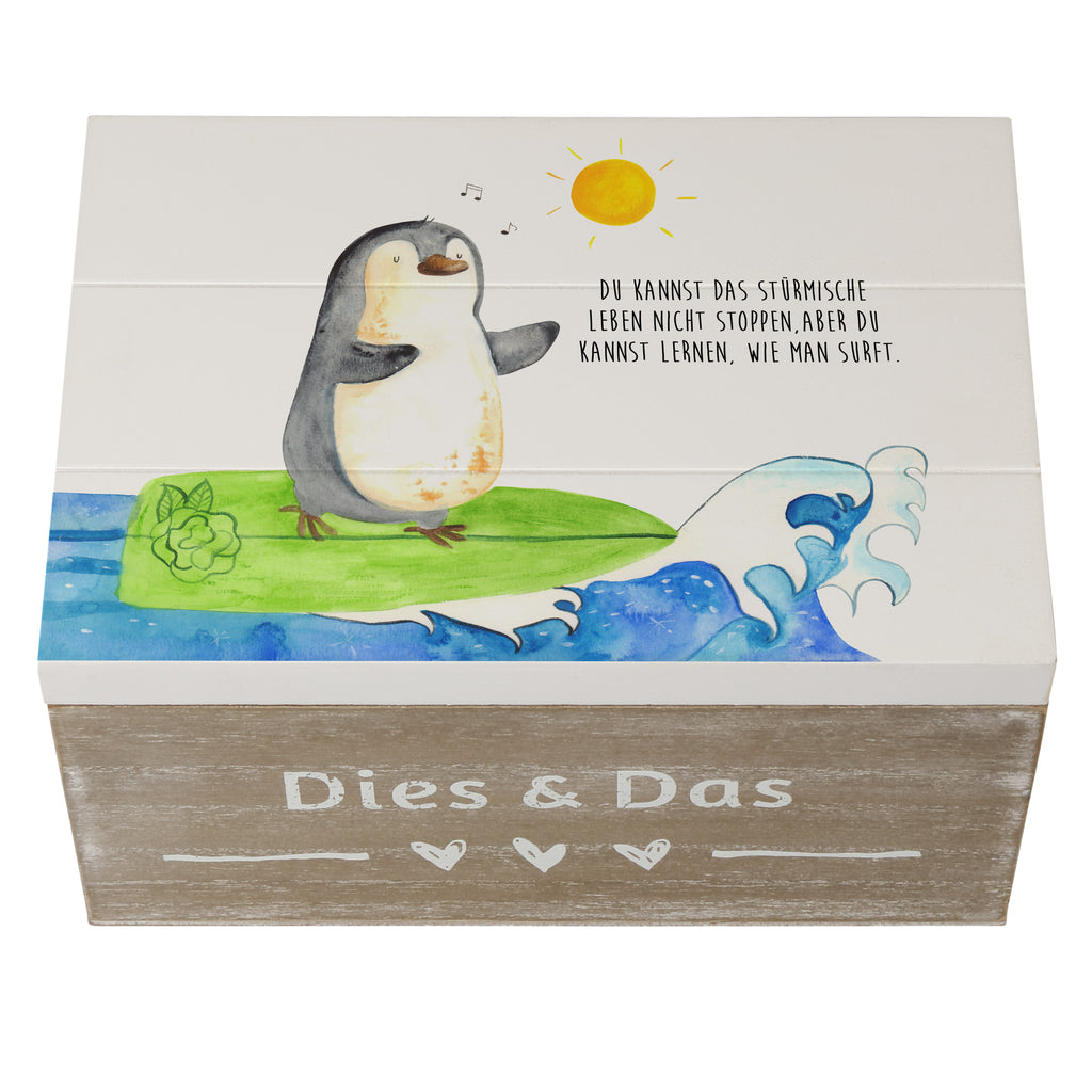 Holzkiste Pinguin Surfer Holzkiste, Kiste, Schatzkiste, Truhe, Schatulle, XXL, Erinnerungsbox, Erinnerungskiste, Dekokiste, Aufbewahrungsbox, Pinguin, Pinguine, surfen, Surfer, Hawaii, Urlaub, Wellen, Wellen reiten, Portugal