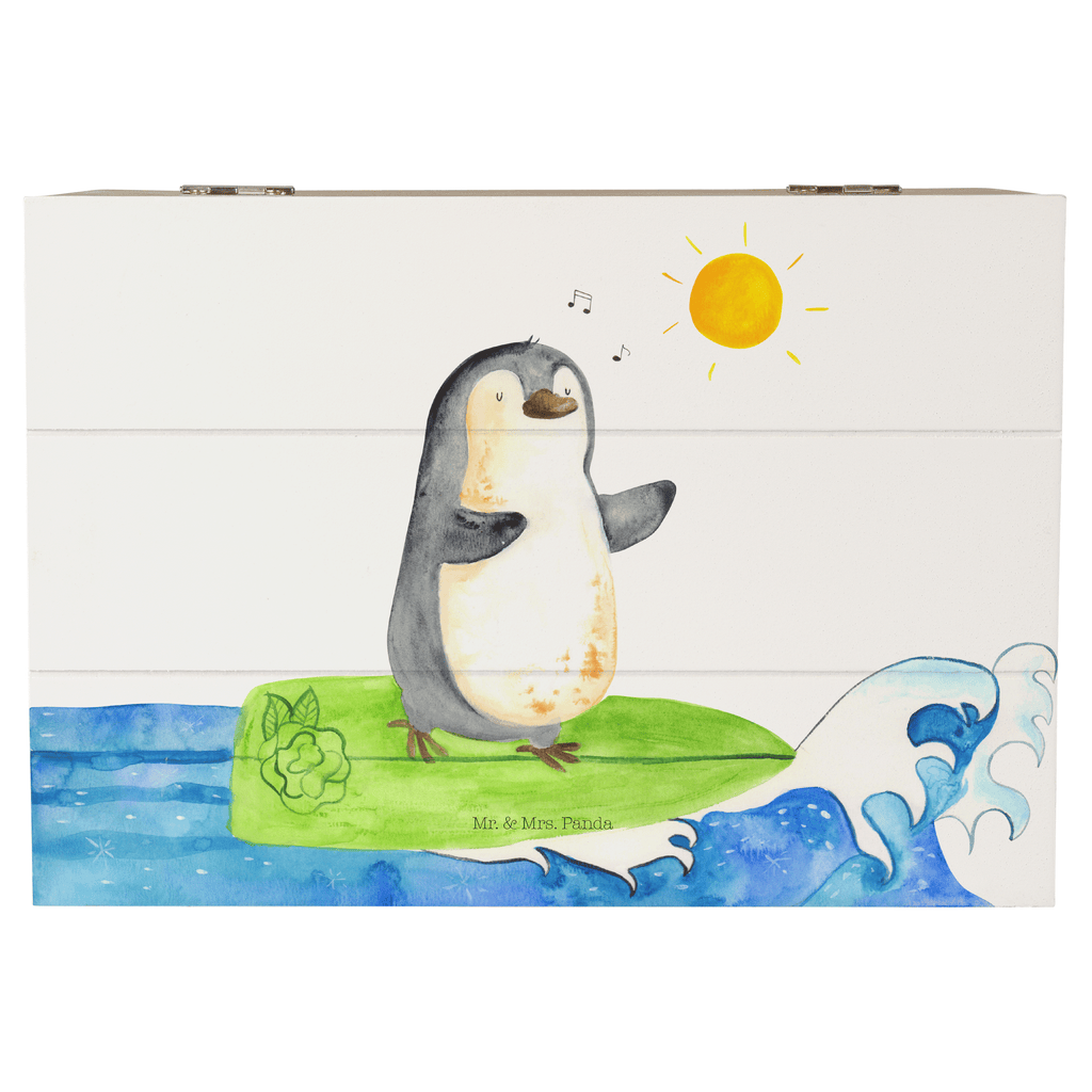 Holzkiste Pinguin Surfer Holzkiste, Kiste, Schatzkiste, Truhe, Schatulle, XXL, Erinnerungsbox, Erinnerungskiste, Dekokiste, Aufbewahrungsbox, Pinguin, Pinguine, surfen, Surfer, Hawaii, Urlaub, Wellen, Wellen reiten, Portugal