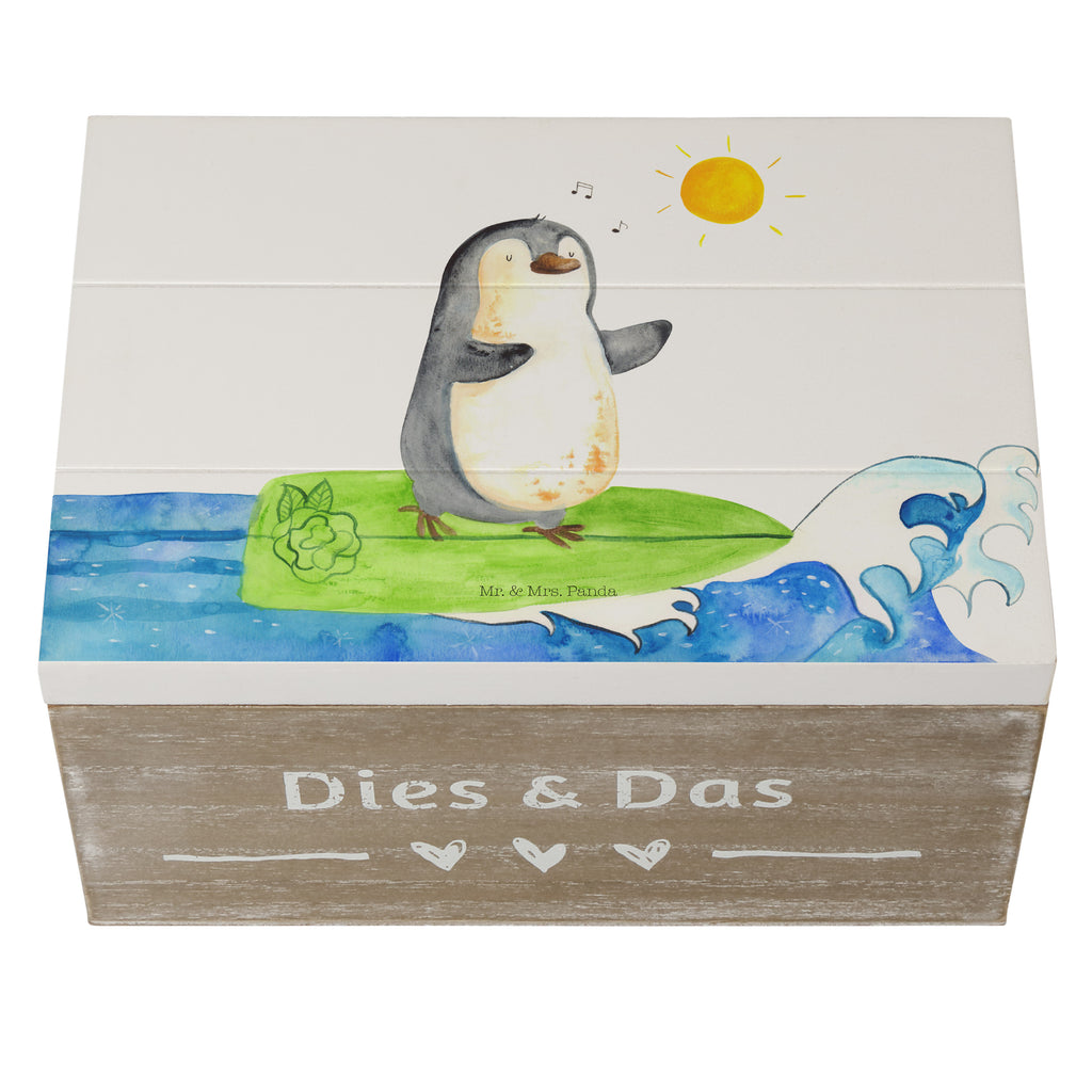 Holzkiste Pinguin Surfer Holzkiste, Kiste, Schatzkiste, Truhe, Schatulle, XXL, Erinnerungsbox, Erinnerungskiste, Dekokiste, Aufbewahrungsbox, Pinguin, Pinguine, surfen, Surfer, Hawaii, Urlaub, Wellen, Wellen reiten, Portugal