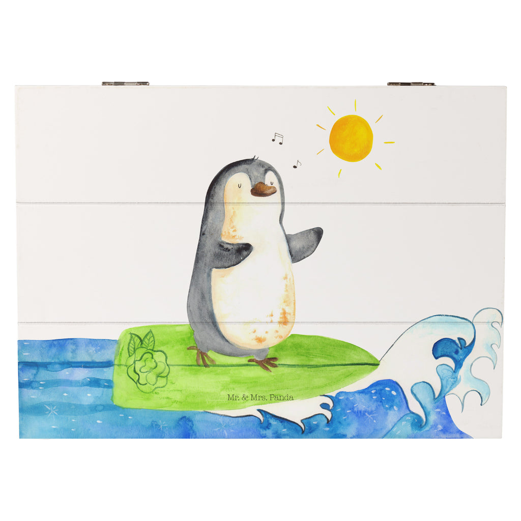 Holzkiste Pinguin Surfer Holzkiste, Kiste, Schatzkiste, Truhe, Schatulle, XXL, Erinnerungsbox, Erinnerungskiste, Dekokiste, Aufbewahrungsbox, Pinguin, Pinguine, surfen, Surfer, Hawaii, Urlaub, Wellen, Wellen reiten, Portugal