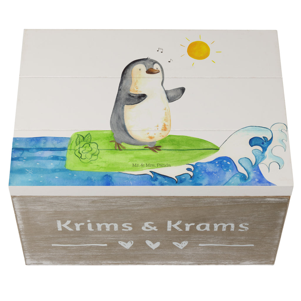Holzkiste Pinguin Surfer Holzkiste, Kiste, Schatzkiste, Truhe, Schatulle, XXL, Erinnerungsbox, Erinnerungskiste, Dekokiste, Aufbewahrungsbox, Pinguin, Pinguine, surfen, Surfer, Hawaii, Urlaub, Wellen, Wellen reiten, Portugal