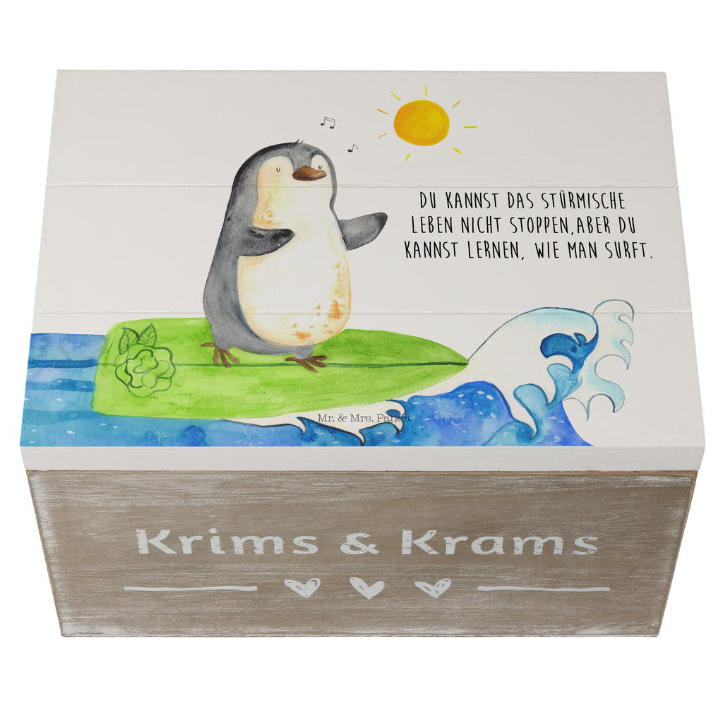 Holzkiste Pinguin Surfer Holzkiste, Kiste, Schatzkiste, Truhe, Schatulle, XXL, Erinnerungsbox, Erinnerungskiste, Dekokiste, Aufbewahrungsbox, Pinguin, Pinguine, surfen, Surfer, Hawaii, Urlaub, Wellen, Wellen reiten, Portugal