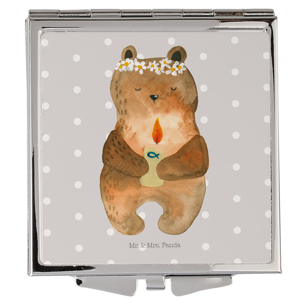 Handtaschenspiegel quadratisch Kommunion-Bär Spiegel, Handtasche, Quadrat, silber, schminken, Schminkspiegel, Bär, Teddy, Teddybär, Kommunion, Gottes Segen, Taufkerze, katholisch