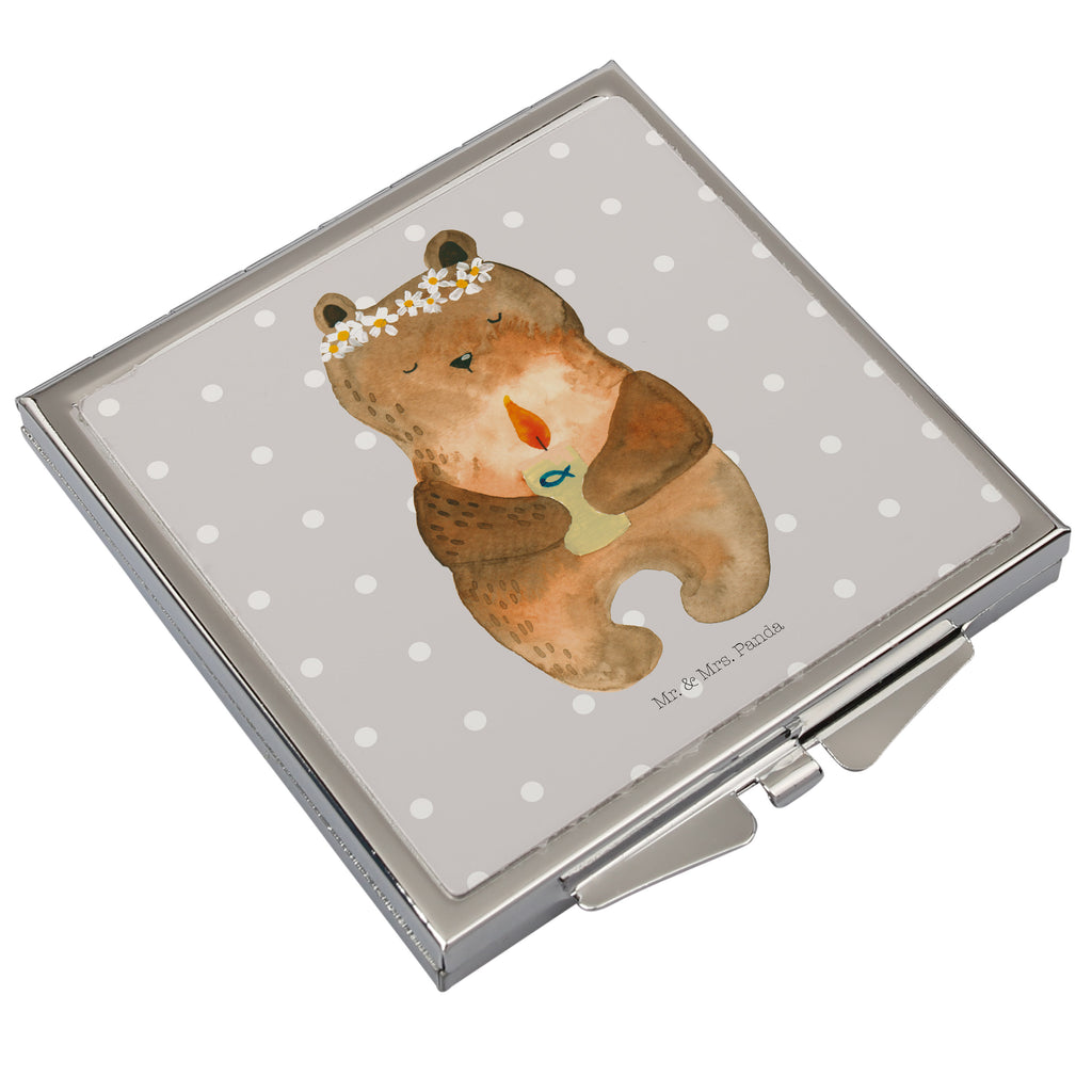 Handtaschenspiegel quadratisch Kommunion-Bär Spiegel, Handtasche, Quadrat, silber, schminken, Schminkspiegel, Bär, Teddy, Teddybär, Kommunion, Gottes Segen, Taufkerze, katholisch