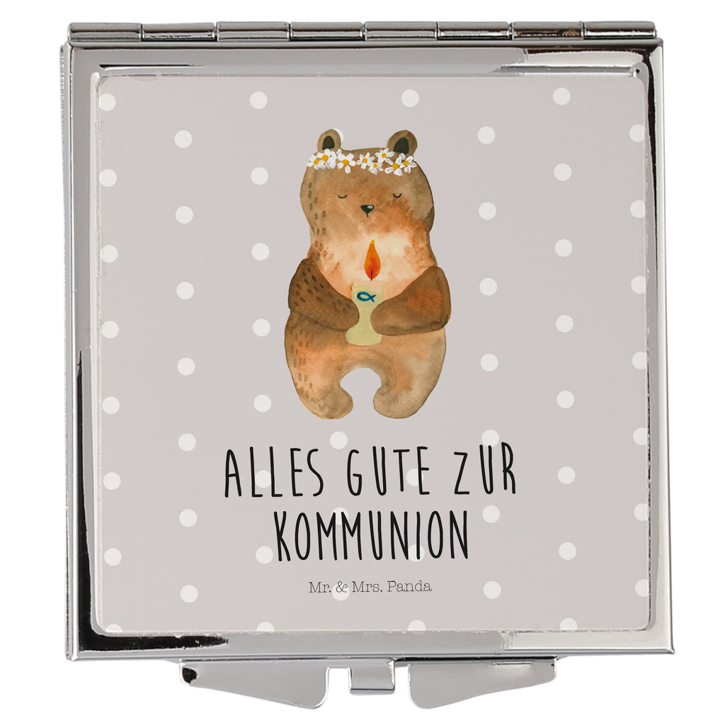 Handtaschenspiegel quadratisch Kommunion-Bär Spiegel, Handtasche, Quadrat, silber, schminken, Schminkspiegel, Bär, Teddy, Teddybär, Kommunion, Gottes Segen, Taufkerze, katholisch