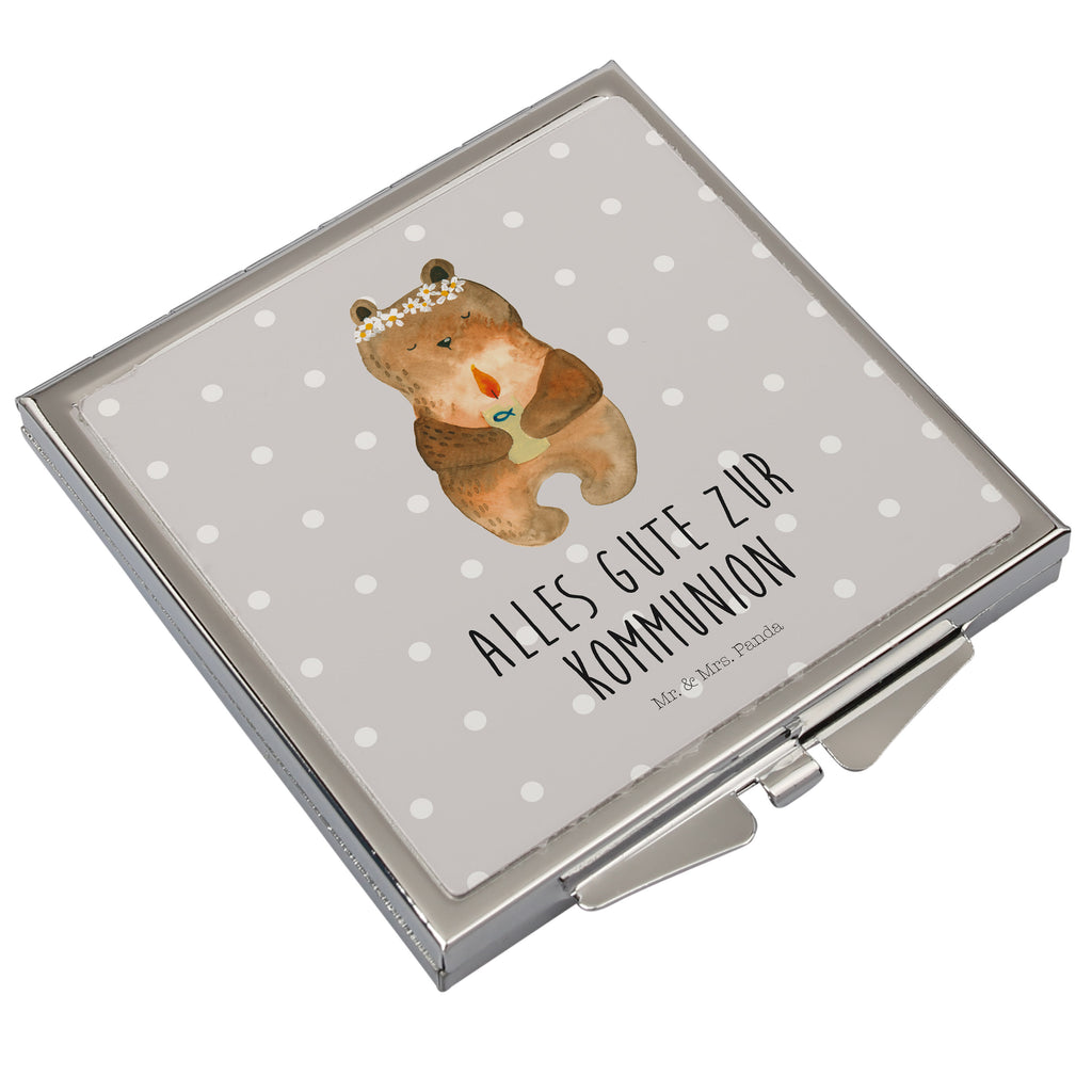 Handtaschenspiegel quadratisch Kommunion-Bär Spiegel, Handtasche, Quadrat, silber, schminken, Schminkspiegel, Bär, Teddy, Teddybär, Kommunion, Gottes Segen, Taufkerze, katholisch