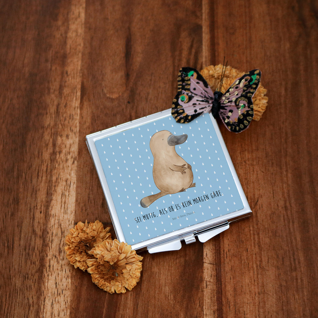 Handtaschenspiegel quadratisch Schnabeltier mutig Spiegel, Handtasche, Quadrat, silber, schminken, Schminkspiegel, Meerestiere, Meer, Urlaub, Schnabeltier, Mut, mutig, Lebensweisheit, Schnabeltiere, Motivation, Training, Büro, Arbeit, Neuanfang, Neustart, Weltreise, Raodtrip