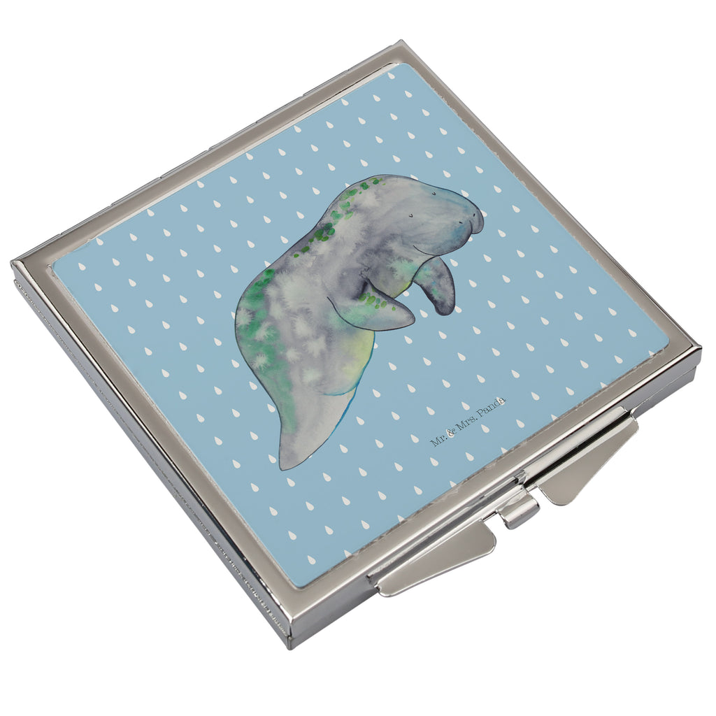 Handtaschenspiegel quadratisch Seekuh chillt Spiegel, Handtasche, Quadrat, silber, schminken, Schminkspiegel, Meerestiere, Meer, Urlaub, Seekuh, Seekühe, Diät, Abnehmen, Zucker, Diätwahn, Essen, Süßigkeiten