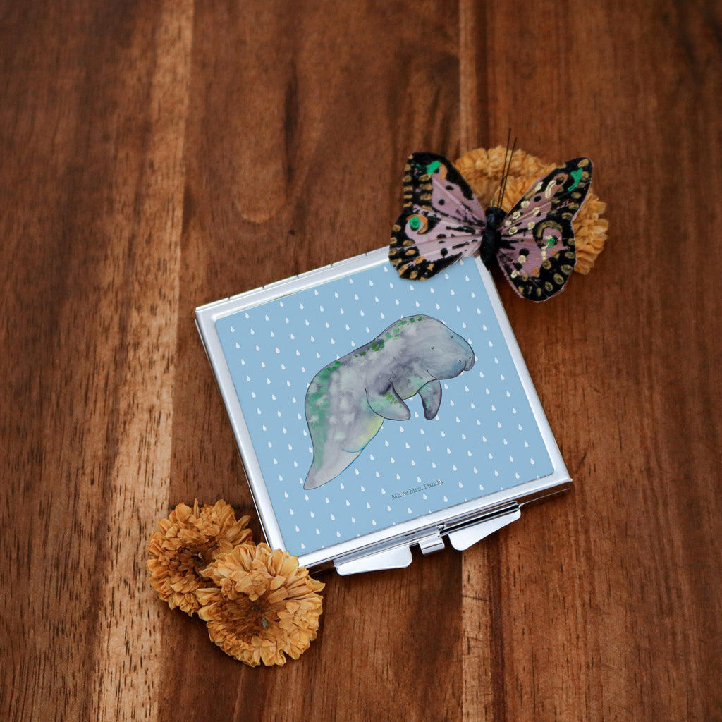 Handtaschenspiegel quadratisch Seekuh chillt Spiegel, Handtasche, Quadrat, silber, schminken, Schminkspiegel, Meerestiere, Meer, Urlaub, Seekuh, Seekühe, Diät, Abnehmen, Zucker, Diätwahn, Essen, Süßigkeiten