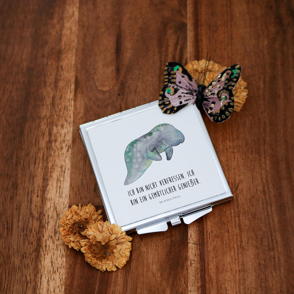 Handtaschenspiegel quadratisch Seekuh chillt Spiegel, Handtasche, Quadrat, silber, schminken, Schminkspiegel, Meerestiere, Meer, Urlaub, Seekuh, Seekühe, Diät, Abnehmen, Zucker, Diätwahn, Essen, Süßigkeiten