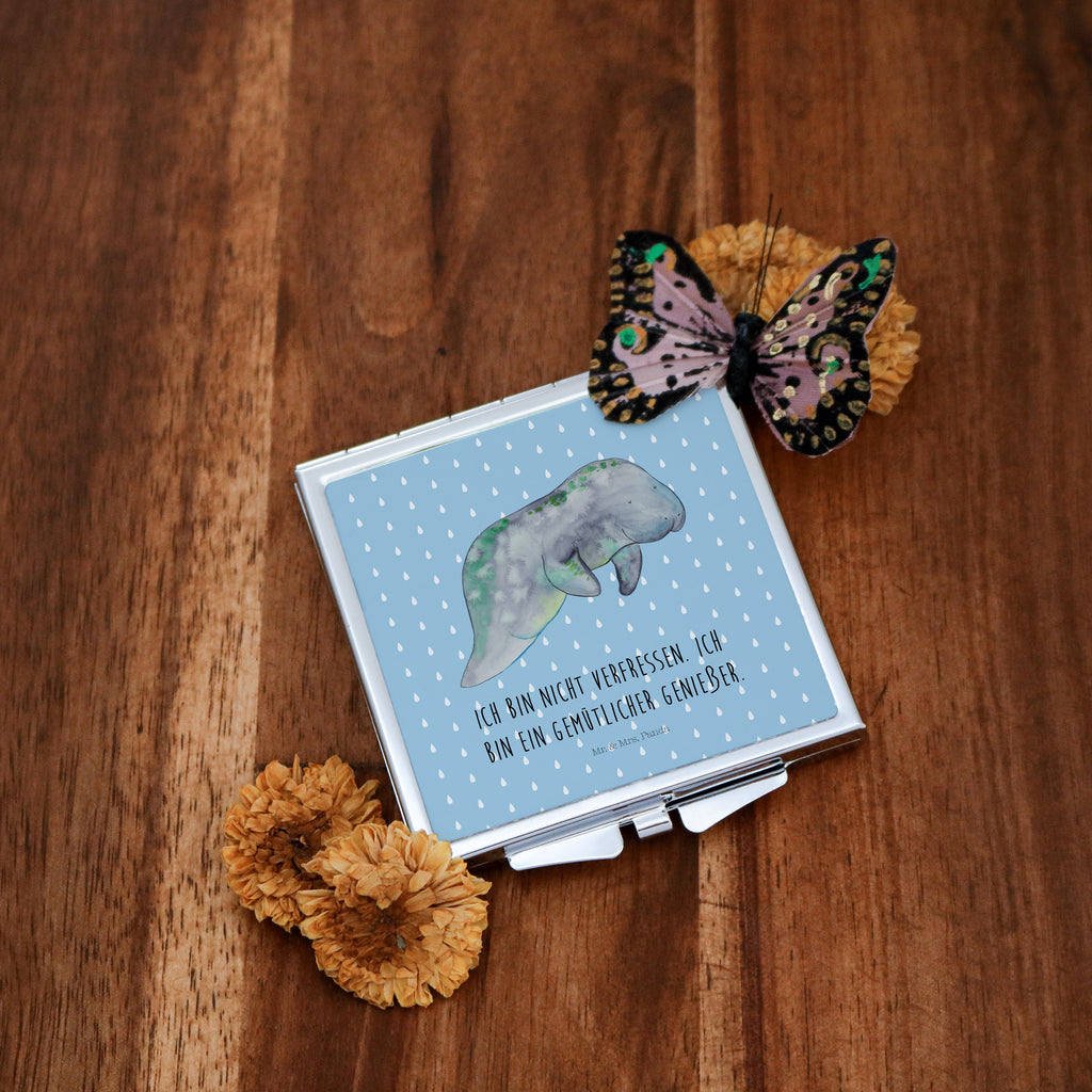 Handtaschenspiegel quadratisch Seekuh chillt Spiegel, Handtasche, Quadrat, silber, schminken, Schminkspiegel, Meerestiere, Meer, Urlaub, Seekuh, Seekühe, Diät, Abnehmen, Zucker, Diätwahn, Essen, Süßigkeiten