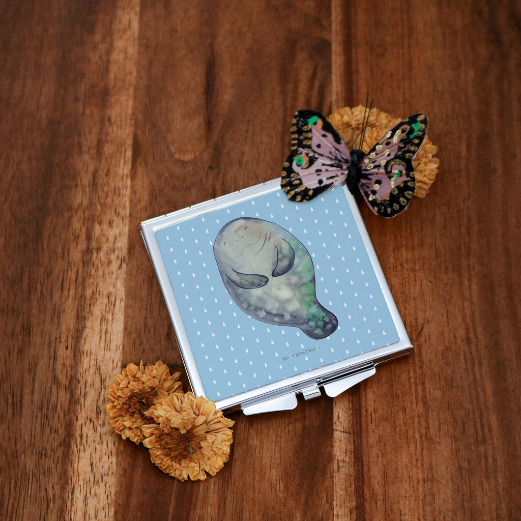 Handtaschenspiegel quadratisch Seekuh happy Spiegel, Handtasche, Quadrat, silber, schminken, Schminkspiegel, Meerestiere, Meer, Urlaub, Seekuh, Seekühe, Selbstliebe, Respekt, Neuanfang, Neustart, Achtsamkeit, Zufrieden, Liebeskummer, Freundin