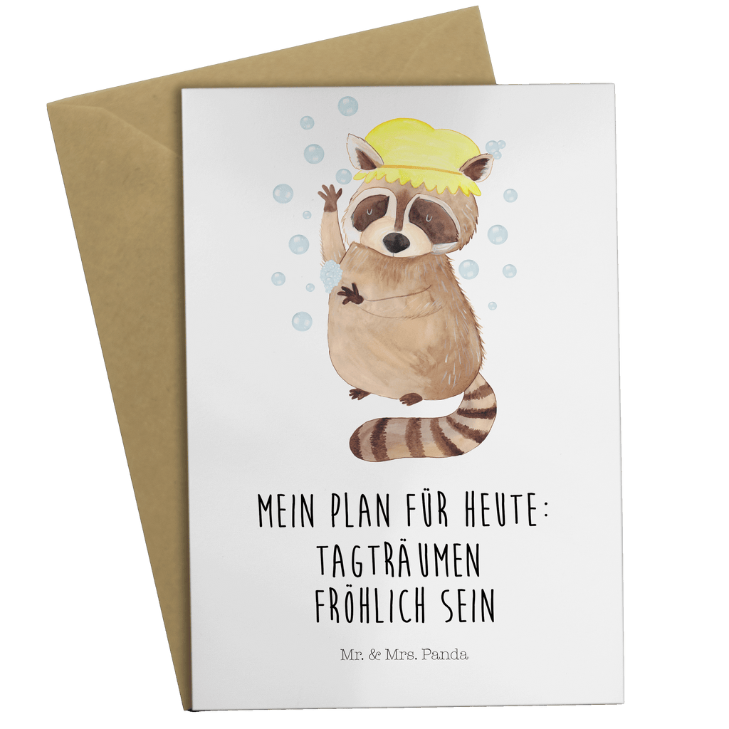 Grußkarte Waschbär Klappkarte, Einladungskarte, Glückwunschkarte, Hochzeitskarte, Geburtstagskarte, Karte, Tiermotive, Gute Laune, lustige Sprüche, Tiere, Waschbär, Tagträumen, Plan, Fröhlich, waschen, Seifenblasen