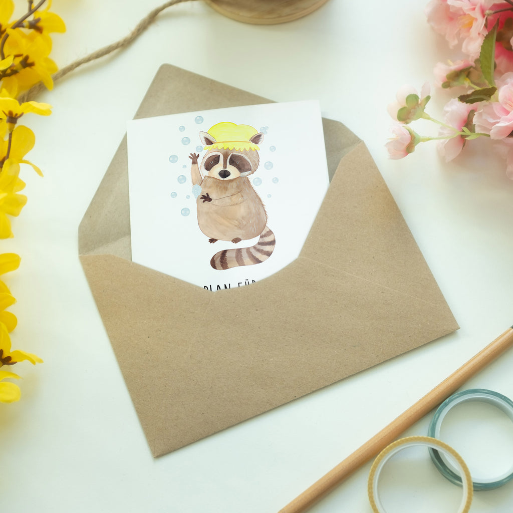 Grußkarte Waschbär Klappkarte, Einladungskarte, Glückwunschkarte, Hochzeitskarte, Geburtstagskarte, Karte, Tiermotive, Gute Laune, lustige Sprüche, Tiere, Waschbär, Tagträumen, Plan, Fröhlich, waschen, Seifenblasen