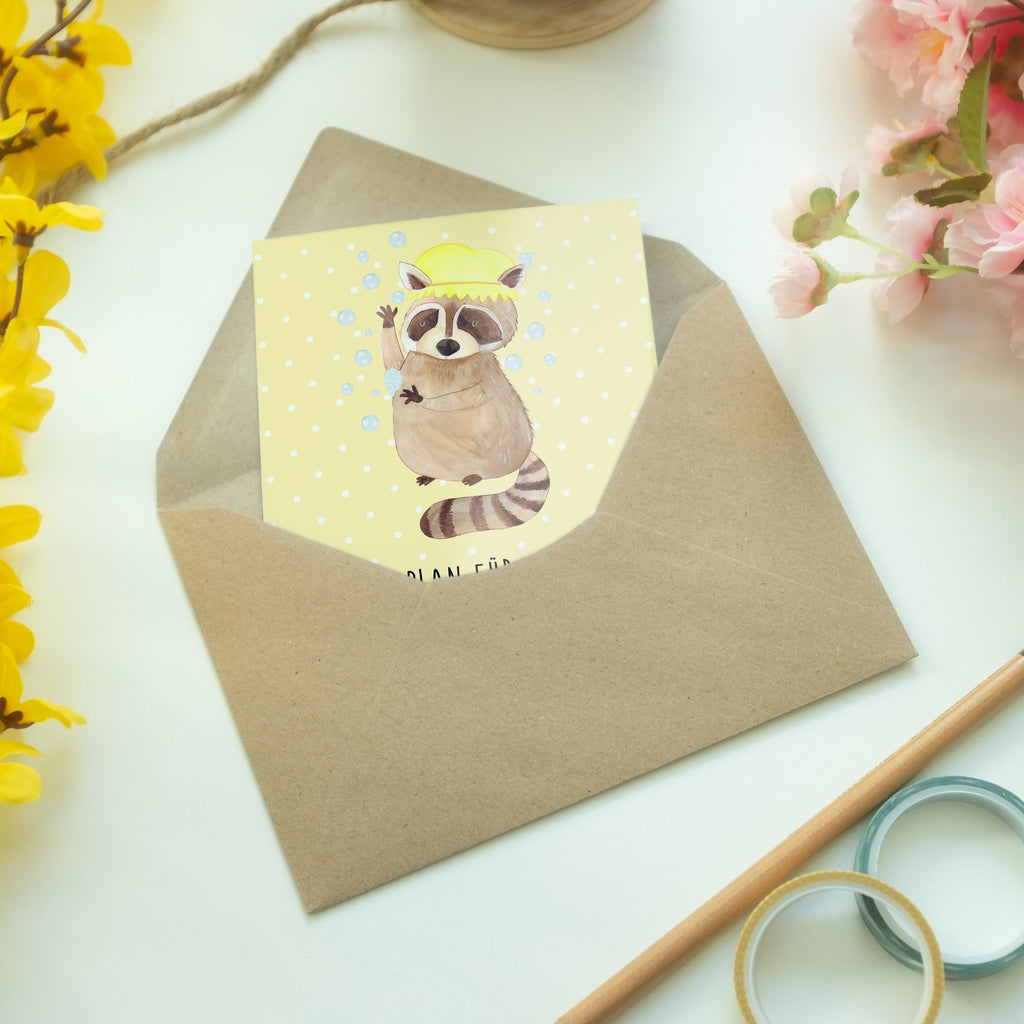 Grußkarte Waschbär Klappkarte, Einladungskarte, Glückwunschkarte, Hochzeitskarte, Geburtstagskarte, Karte, Tiermotive, Gute Laune, lustige Sprüche, Tiere, Waschbär, Tagträumen, Plan, Fröhlich, waschen, Seifenblasen