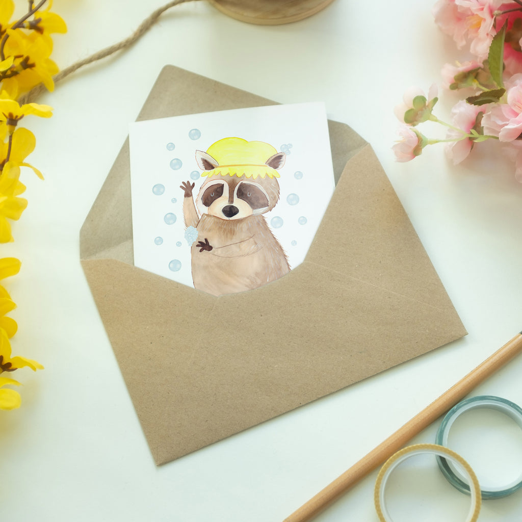 Grußkarte Waschbär Klappkarte, Einladungskarte, Glückwunschkarte, Hochzeitskarte, Geburtstagskarte, Karte, Tiermotive, Gute Laune, lustige Sprüche, Tiere, Waschbär, Tagträumen, Plan, Fröhlich, waschen, Seifenblasen