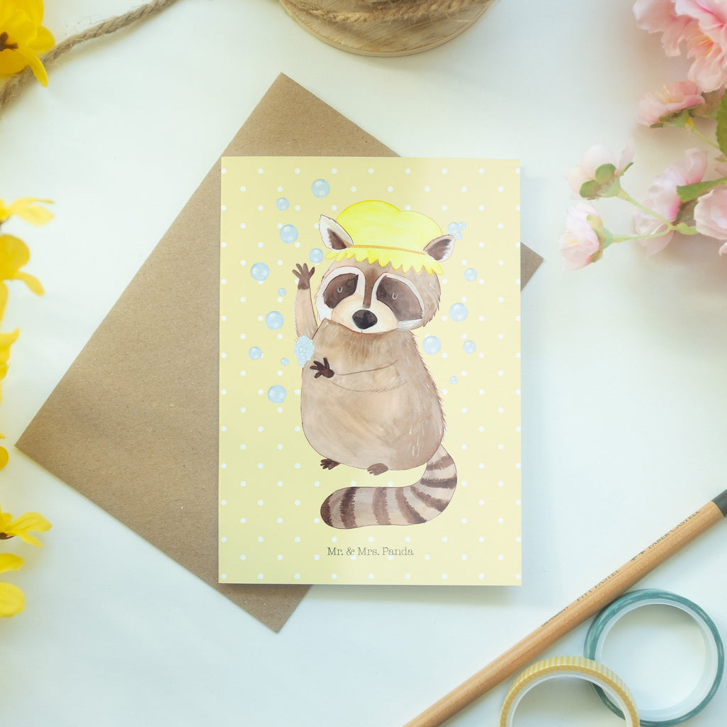 Grußkarte Waschbär Klappkarte, Einladungskarte, Glückwunschkarte, Hochzeitskarte, Geburtstagskarte, Karte, Tiermotive, Gute Laune, lustige Sprüche, Tiere, Waschbär, Tagträumen, Plan, Fröhlich, waschen, Seifenblasen