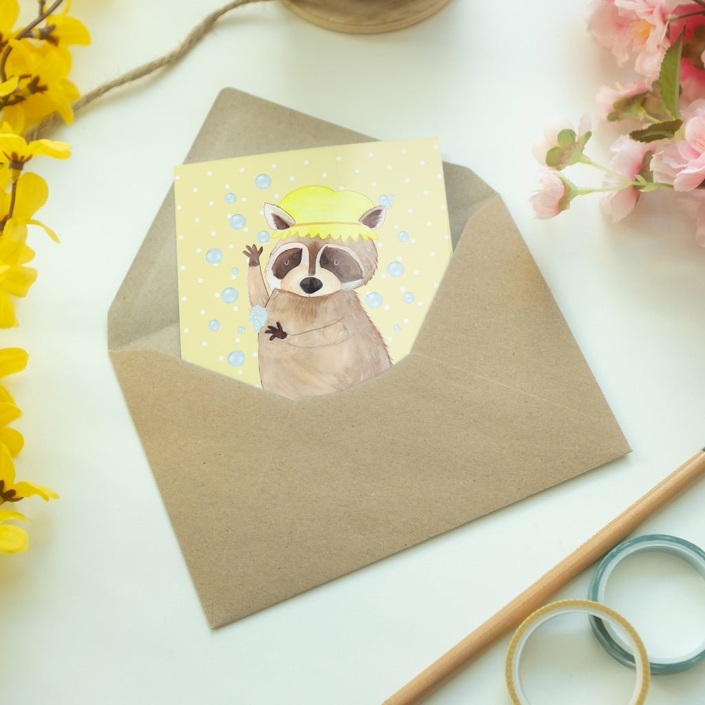 Grußkarte Waschbär Klappkarte, Einladungskarte, Glückwunschkarte, Hochzeitskarte, Geburtstagskarte, Karte, Tiermotive, Gute Laune, lustige Sprüche, Tiere, Waschbär, Tagträumen, Plan, Fröhlich, waschen, Seifenblasen