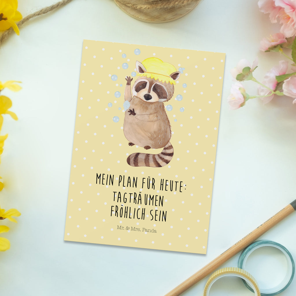 Postkarte Waschbär Geschenkkarte, Grußkarte, Karte, Einladung, Ansichtskarte, Geburtstagskarte, Einladungskarte, Dankeskarte, Tiermotive, Gute Laune, lustige Sprüche, Tiere, Waschbär, Tagträumen, Plan, Fröhlich, waschen, Seifenblasen