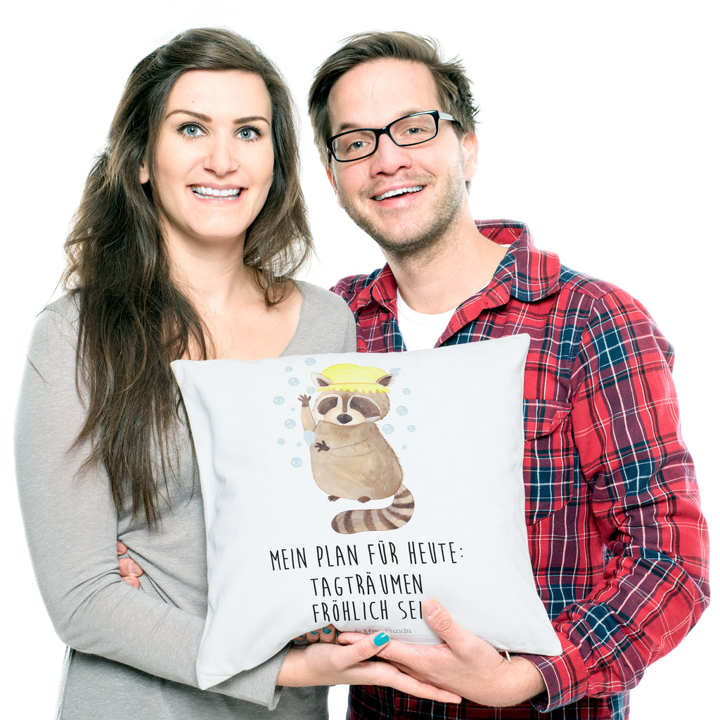 40x40 Kissen Waschbär Kissenhülle, Kopfkissen, Sofakissen, Dekokissen, Motivkissen, Tiermotive, Gute Laune, lustige Sprüche, Tiere, Waschbär, Tagträumen, Plan, Fröhlich, waschen, Seifenblasen