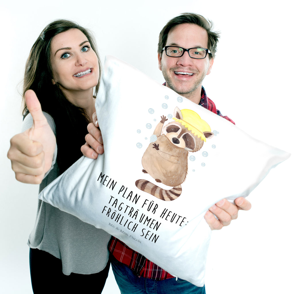 40x40 Kissen Waschbär Kissenhülle, Kopfkissen, Sofakissen, Dekokissen, Motivkissen, Tiermotive, Gute Laune, lustige Sprüche, Tiere, Waschbär, Tagträumen, Plan, Fröhlich, waschen, Seifenblasen