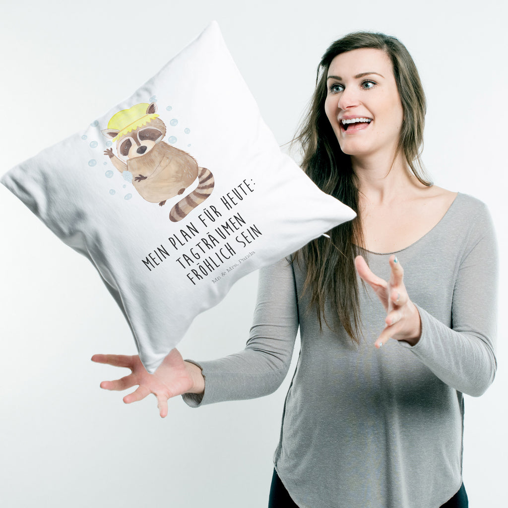 40x40 Kissen Waschbär Kissenhülle, Kopfkissen, Sofakissen, Dekokissen, Motivkissen, Tiermotive, Gute Laune, lustige Sprüche, Tiere, Waschbär, Tagträumen, Plan, Fröhlich, waschen, Seifenblasen