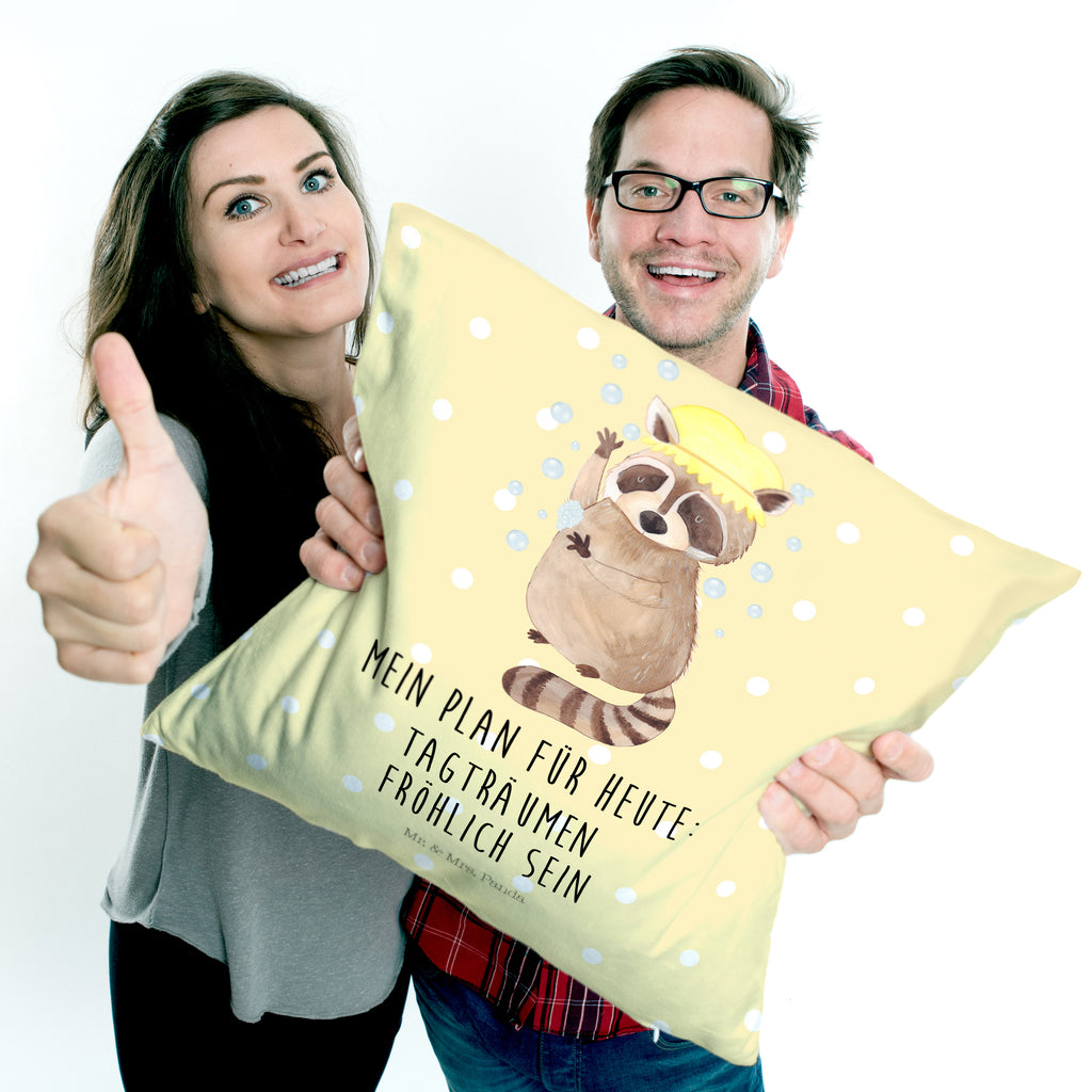40x40 Kissen Waschbär Kissenhülle, Kopfkissen, Sofakissen, Dekokissen, Motivkissen, Tiermotive, Gute Laune, lustige Sprüche, Tiere, Waschbär, Tagträumen, Plan, Fröhlich, waschen, Seifenblasen