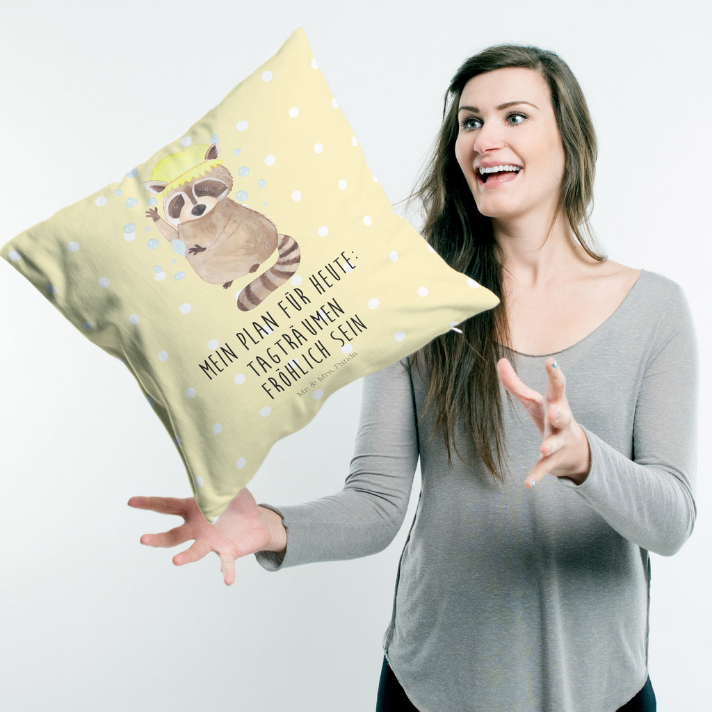 40x40 Kissen Waschbär Kissenhülle, Kopfkissen, Sofakissen, Dekokissen, Motivkissen, Tiermotive, Gute Laune, lustige Sprüche, Tiere, Waschbär, Tagträumen, Plan, Fröhlich, waschen, Seifenblasen