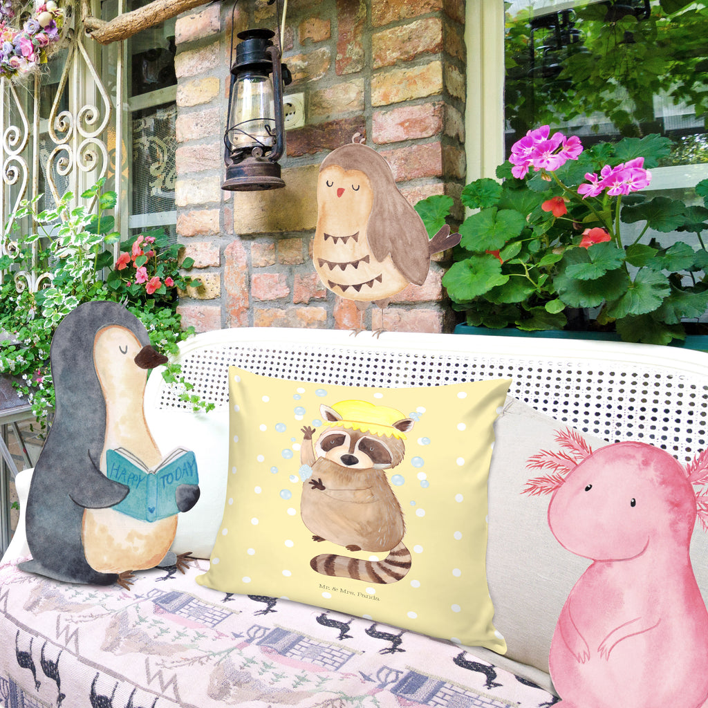 40x40 Kissen Waschbär Kissenhülle, Kopfkissen, Sofakissen, Dekokissen, Motivkissen, Tiermotive, Gute Laune, lustige Sprüche, Tiere, Waschbär, Tagträumen, Plan, Fröhlich, waschen, Seifenblasen