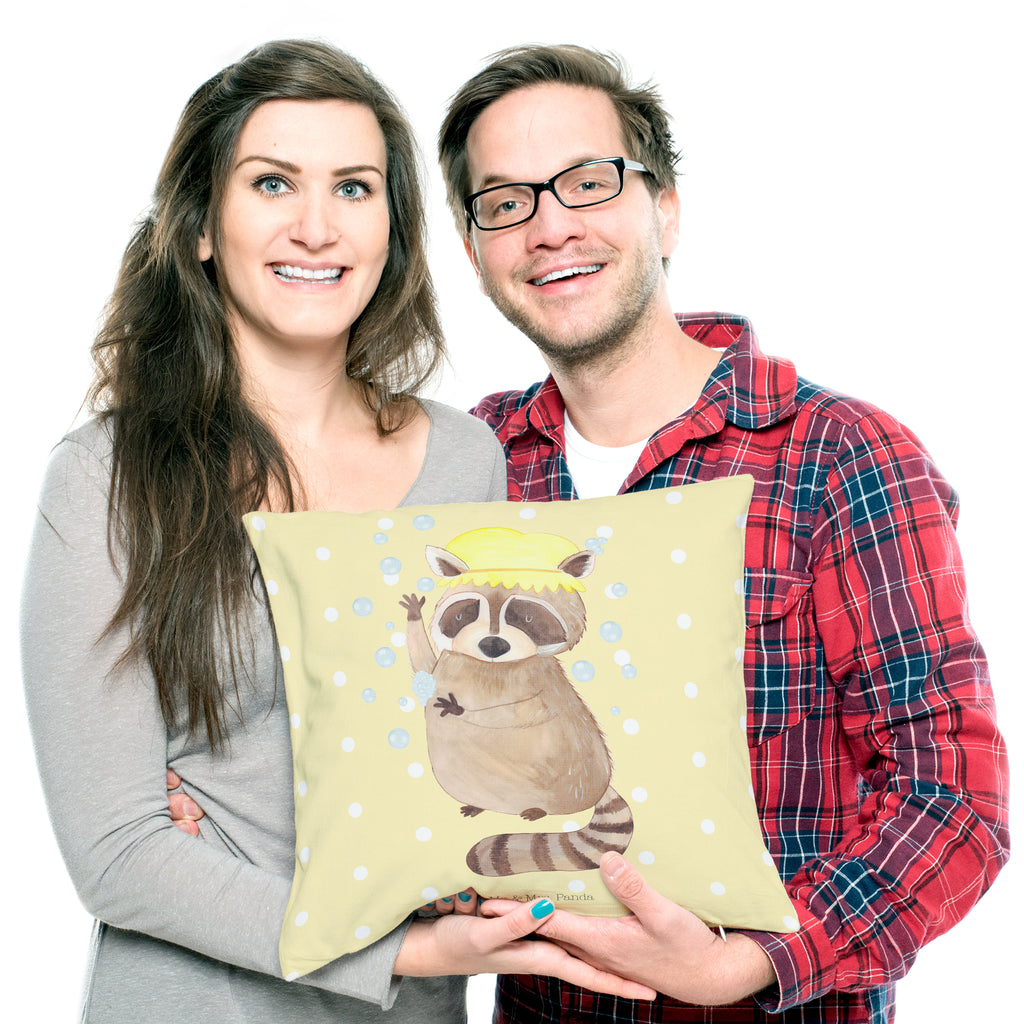 40x40 Kissen Waschbär Kissenhülle, Kopfkissen, Sofakissen, Dekokissen, Motivkissen, Tiermotive, Gute Laune, lustige Sprüche, Tiere, Waschbär, Tagträumen, Plan, Fröhlich, waschen, Seifenblasen