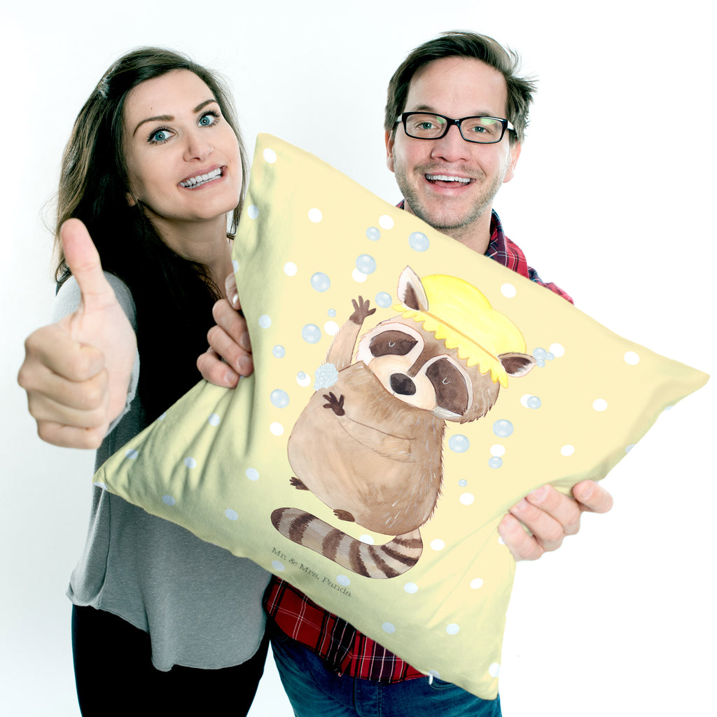 40x40 Kissen Waschbär Kissenhülle, Kopfkissen, Sofakissen, Dekokissen, Motivkissen, Tiermotive, Gute Laune, lustige Sprüche, Tiere, Waschbär, Tagträumen, Plan, Fröhlich, waschen, Seifenblasen