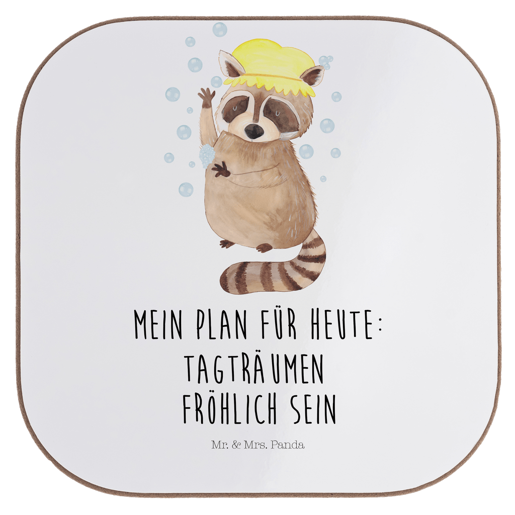 Quadratische Untersetzer Waschbär Bierdeckel, Glasuntersetzer, Untersetzer Gläser, Getränkeuntersetzer, Tiermotive, Gute Laune, lustige Sprüche, Tiere, Waschbär, Tagträumen, Plan, Fröhlich, waschen, Seifenblasen