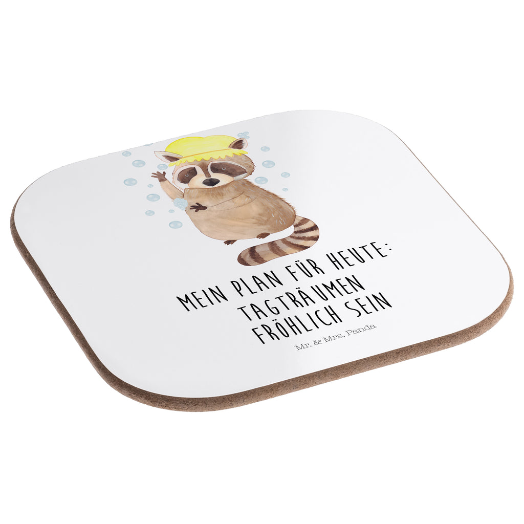 Quadratische Untersetzer Waschbär Bierdeckel, Glasuntersetzer, Untersetzer Gläser, Getränkeuntersetzer, Tiermotive, Gute Laune, lustige Sprüche, Tiere, Waschbär, Tagträumen, Plan, Fröhlich, waschen, Seifenblasen