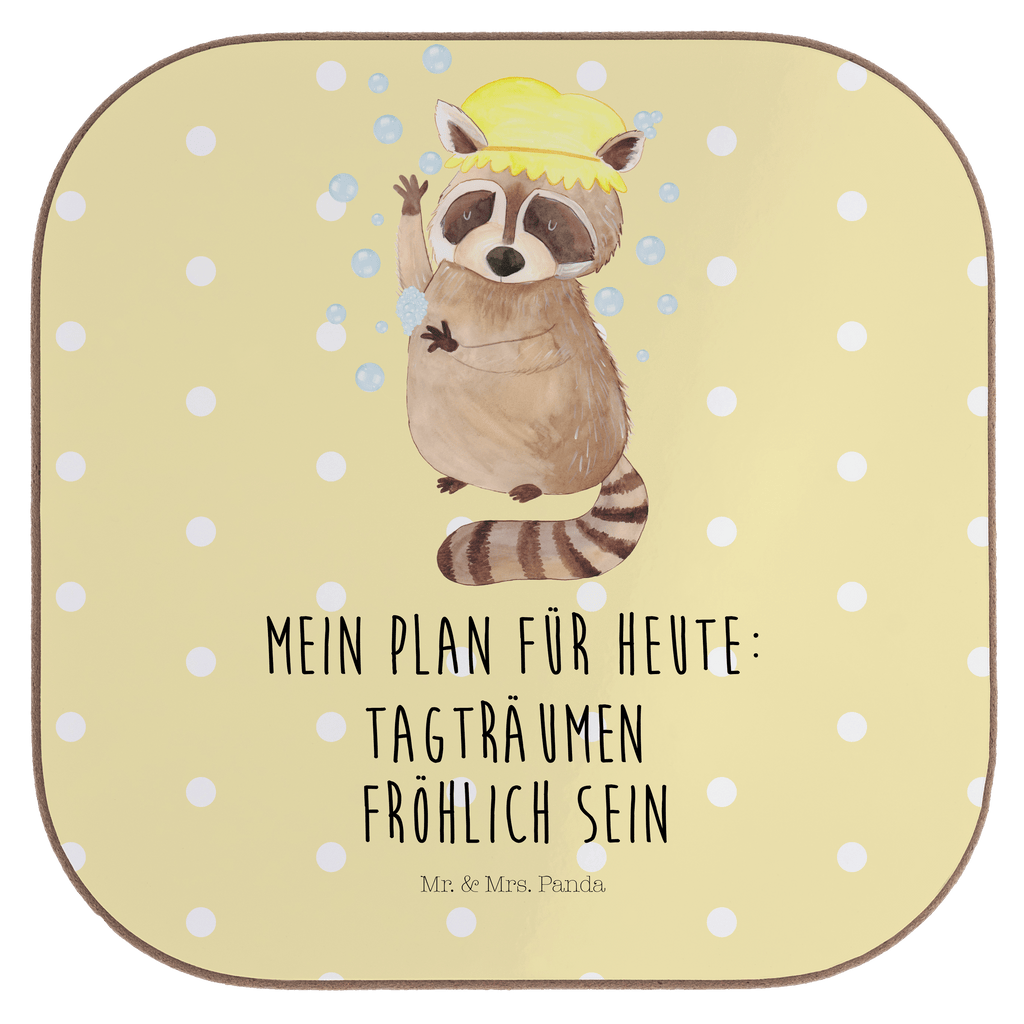 Quadratische Untersetzer Waschbär Bierdeckel, Glasuntersetzer, Untersetzer Gläser, Getränkeuntersetzer, Tiermotive, Gute Laune, lustige Sprüche, Tiere, Waschbär, Tagträumen, Plan, Fröhlich, waschen, Seifenblasen