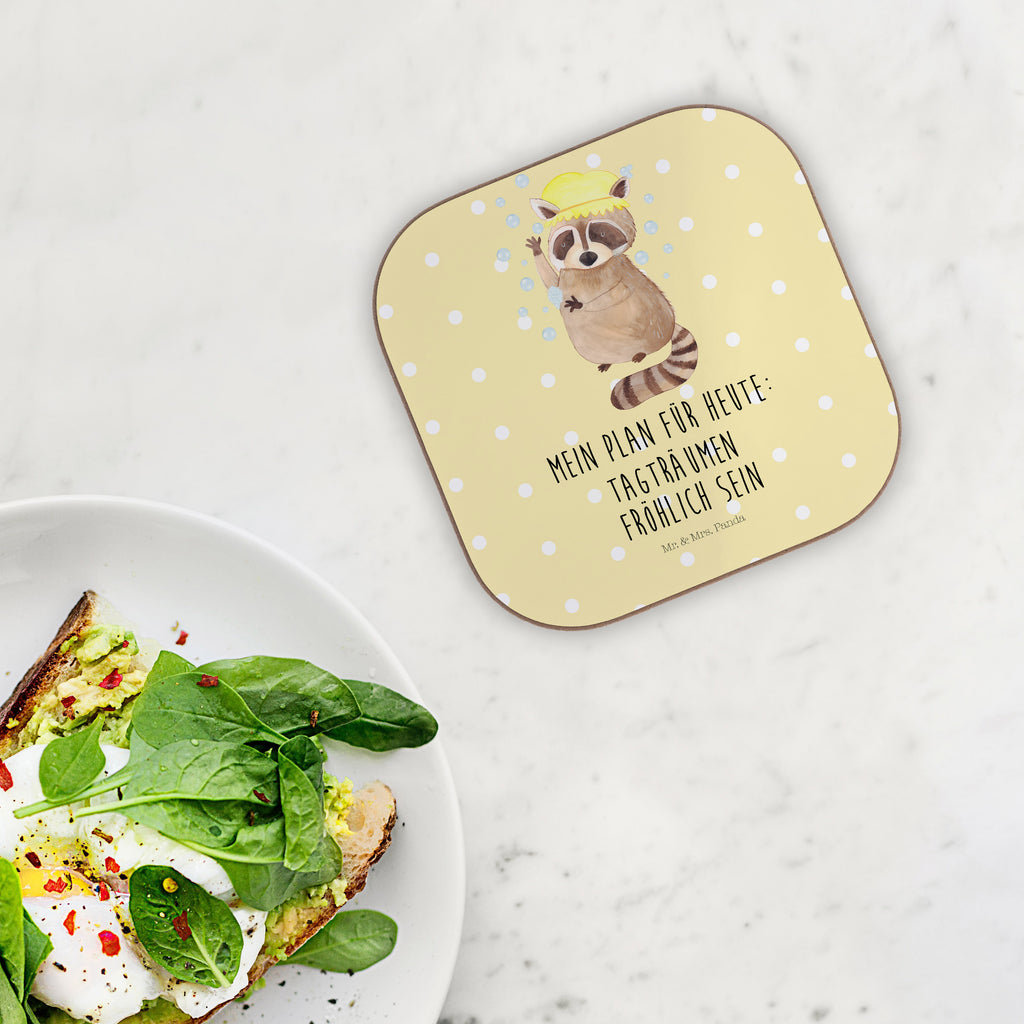 Quadratische Untersetzer Waschbär Bierdeckel, Glasuntersetzer, Untersetzer Gläser, Getränkeuntersetzer, Tiermotive, Gute Laune, lustige Sprüche, Tiere, Waschbär, Tagträumen, Plan, Fröhlich, waschen, Seifenblasen