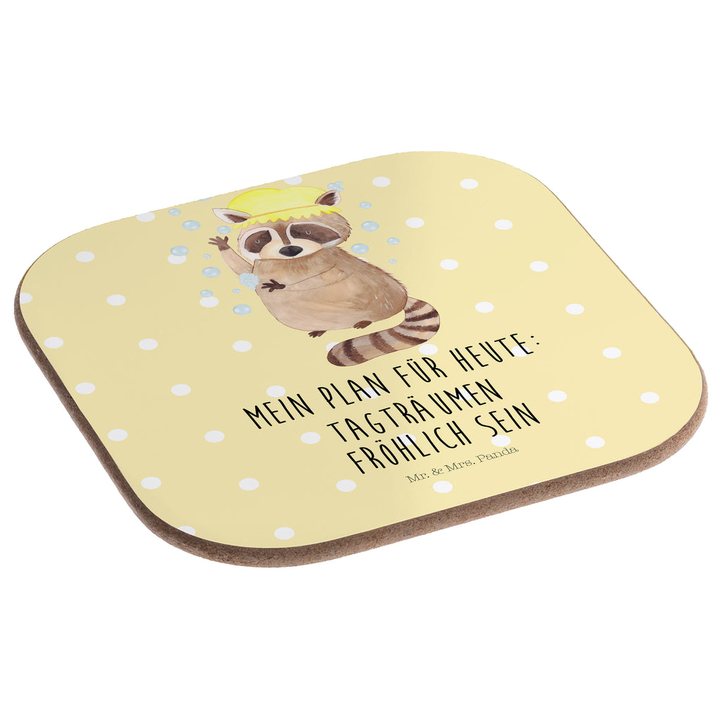 Quadratische Untersetzer Waschbär Bierdeckel, Glasuntersetzer, Untersetzer Gläser, Getränkeuntersetzer, Tiermotive, Gute Laune, lustige Sprüche, Tiere, Waschbär, Tagträumen, Plan, Fröhlich, waschen, Seifenblasen