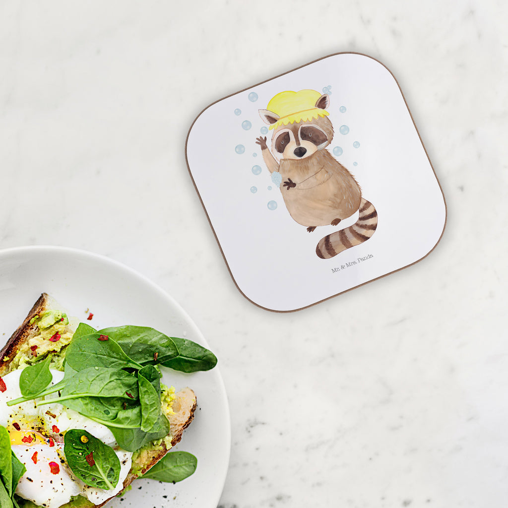 Quadratische Untersetzer Waschbär Bierdeckel, Glasuntersetzer, Untersetzer Gläser, Getränkeuntersetzer, Tiermotive, Gute Laune, lustige Sprüche, Tiere, Waschbär, Tagträumen, Plan, Fröhlich, waschen, Seifenblasen