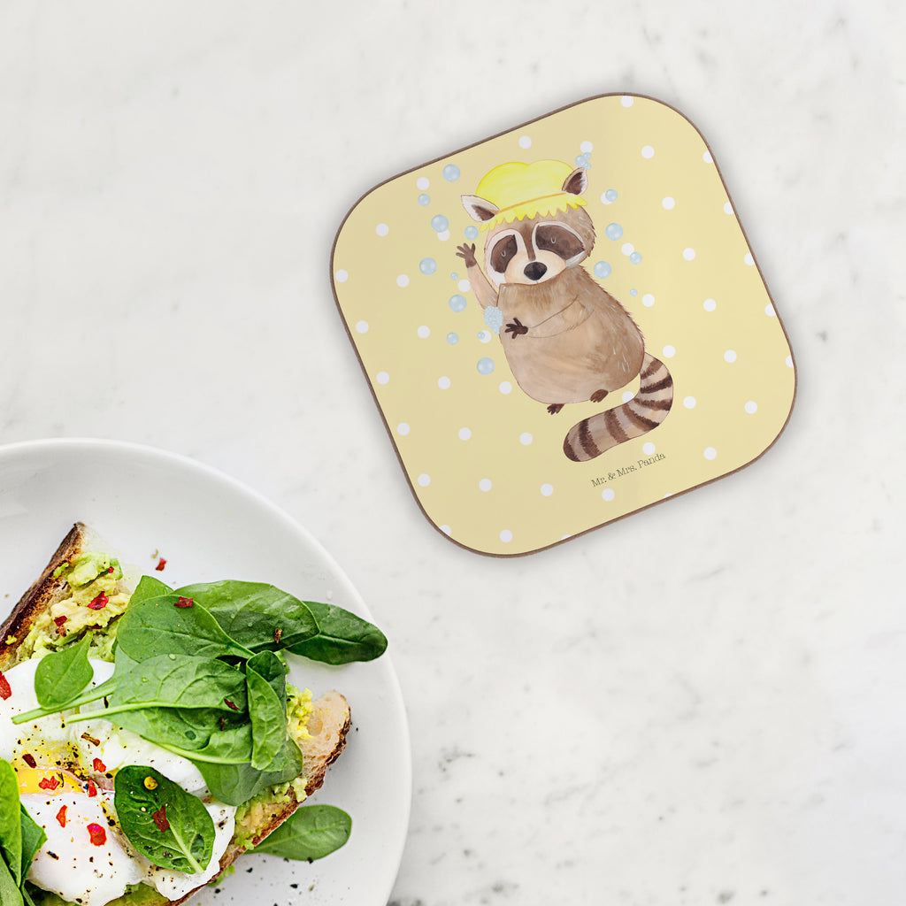 Quadratische Untersetzer Waschbär Bierdeckel, Glasuntersetzer, Untersetzer Gläser, Getränkeuntersetzer, Tiermotive, Gute Laune, lustige Sprüche, Tiere, Waschbär, Tagträumen, Plan, Fröhlich, waschen, Seifenblasen