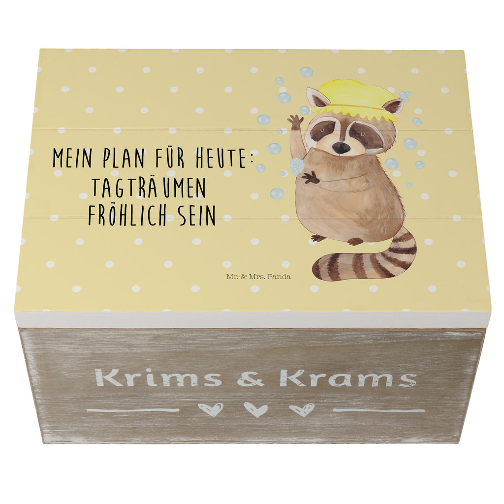 Holzkiste Waschbär Holzkiste, Kiste, Schatzkiste, Truhe, Schatulle, XXL, Erinnerungsbox, Erinnerungskiste, Dekokiste, Aufbewahrungsbox, Tiermotive, Gute Laune, lustige Sprüche, Tiere, Waschbär, Tagträumen, Plan, Fröhlich, waschen, Seifenblasen