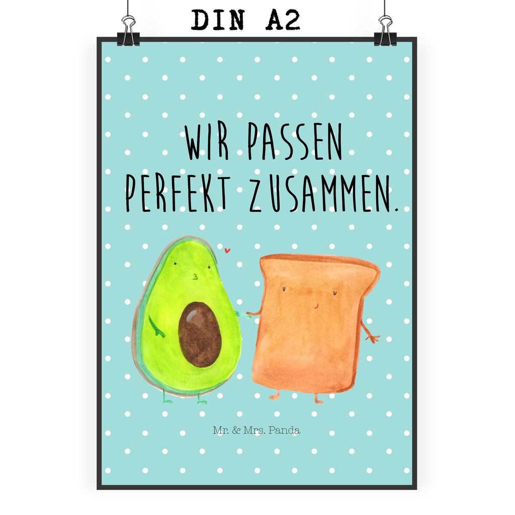 Poster Avocado + Toast Poster, Wandposter, Bild, Wanddeko, Küchenposter, Kinderposter, Wanddeko Bild, Raumdekoration, Wanddekoration, Handgemaltes Poster, Mr. & Mrs. Panda Poster, Designposter, Kunstdruck, Posterdruck, Avocado, Veggie, Vegan, Gesund, Toast, Toastbrot, Liebespaar, Pärchen, Freund, Freundin, Verlobt, Verlobungsparty, Hochzeit, Hochzeitsgeschenk, Jahrestag, Jahrestagsgeschenk