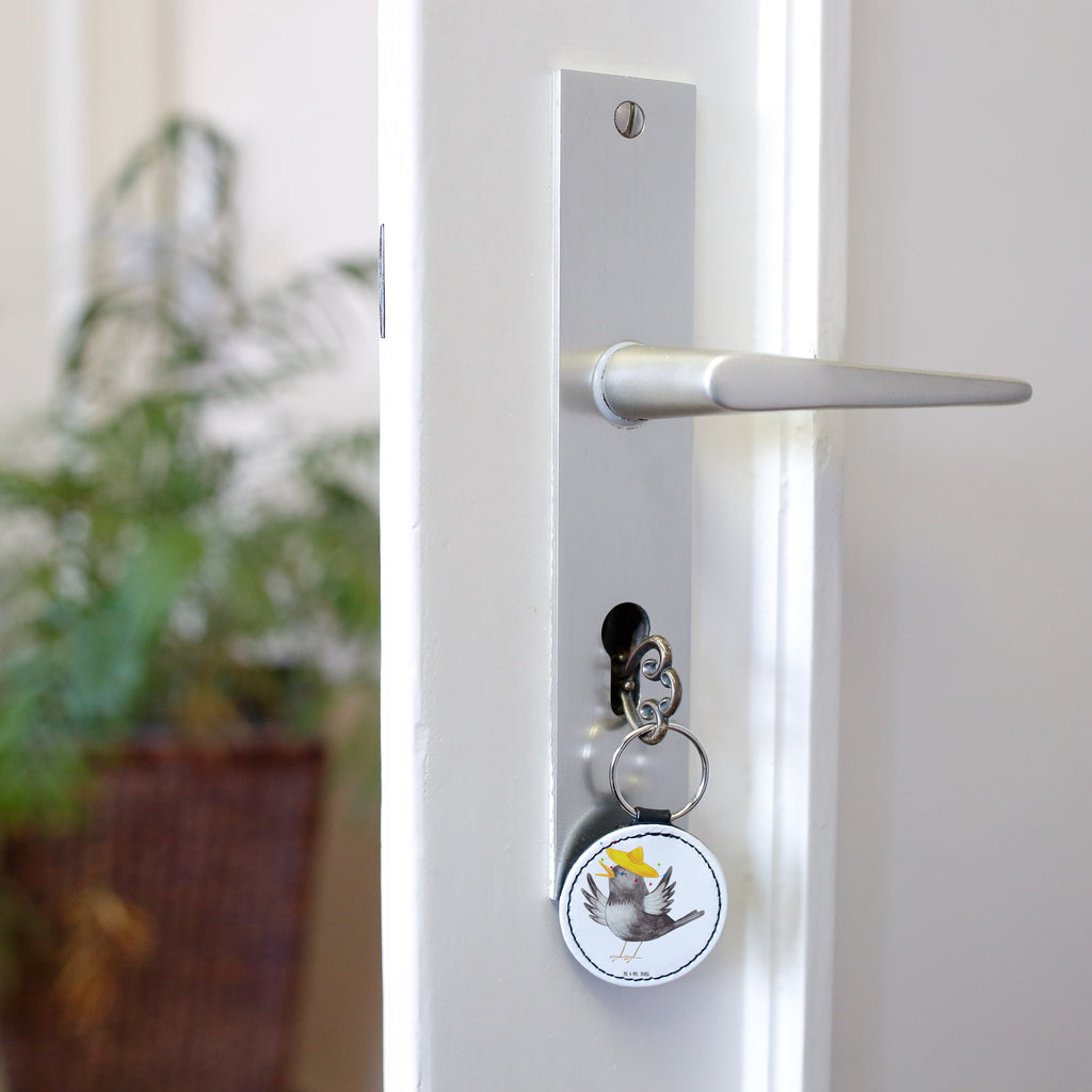 Rund Schlüsselanhänger Rabe mit Sombrero Schlüsselanhänger, Anhänger, Taschenanhänger, Glücksbringer, Schutzengel, Tiermotive, Gute Laune, lustige Sprüche, Tiere, Rabe, Vogel, Vögel, Spruch positiv, fröhlich sein, glücklich sein, Glück Spruch, froh, Elster, Motivation